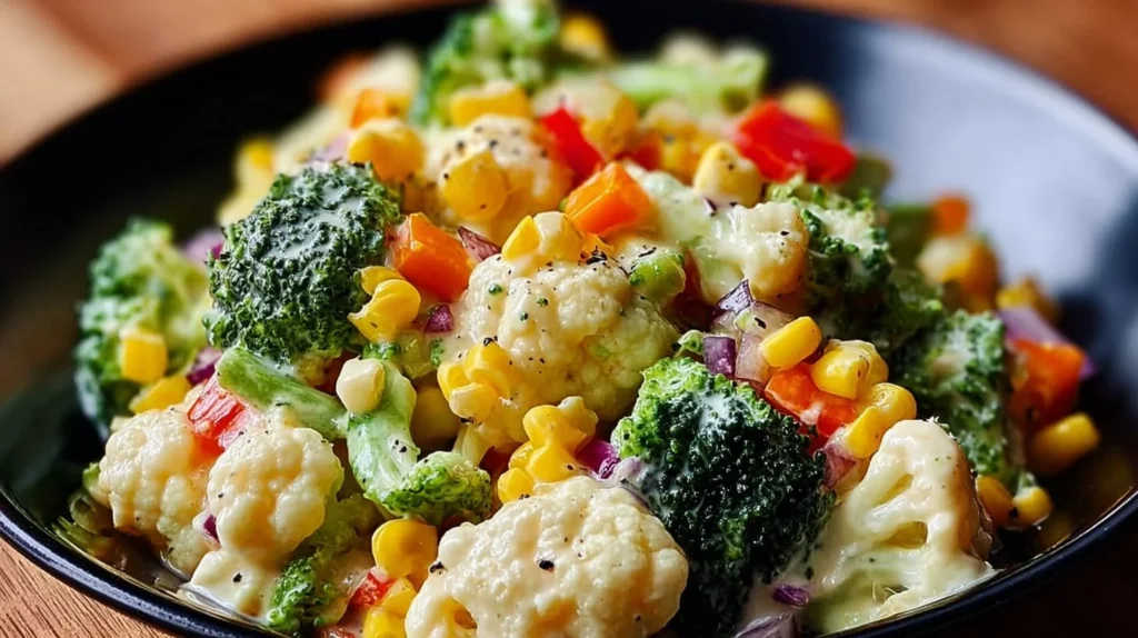 Creamy broccoli cauliflower corn salad in a bowl with fresh herbs