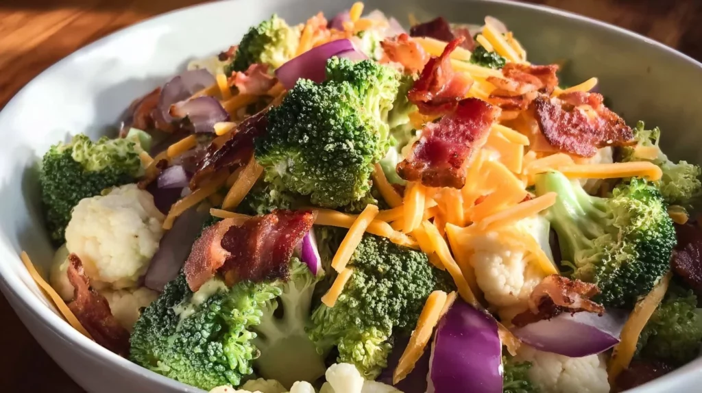 Creamy broccoli cauliflower salad in a bowl with fresh ingredients