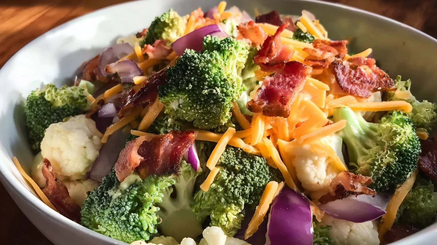 Creamy broccoli cauliflower salad in a bowl with fresh ingredients
