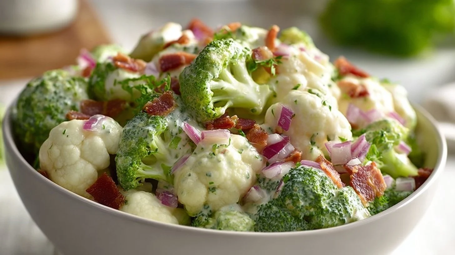 Creamy broccoli cauliflower salad in a bowl with fresh ingredients