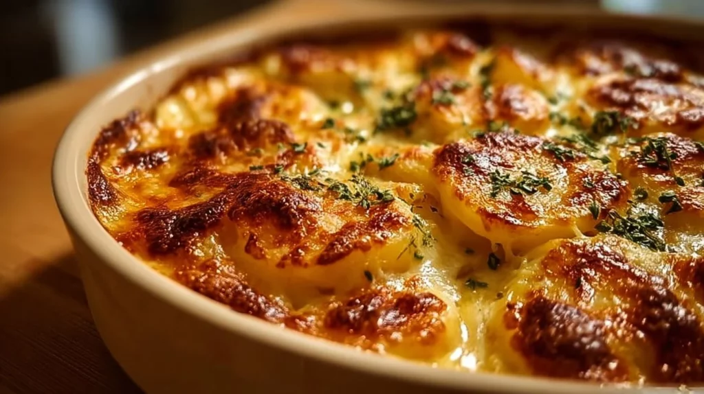 Creamy cheesy scalloped potatoes baked to perfection in a creamy sauce.