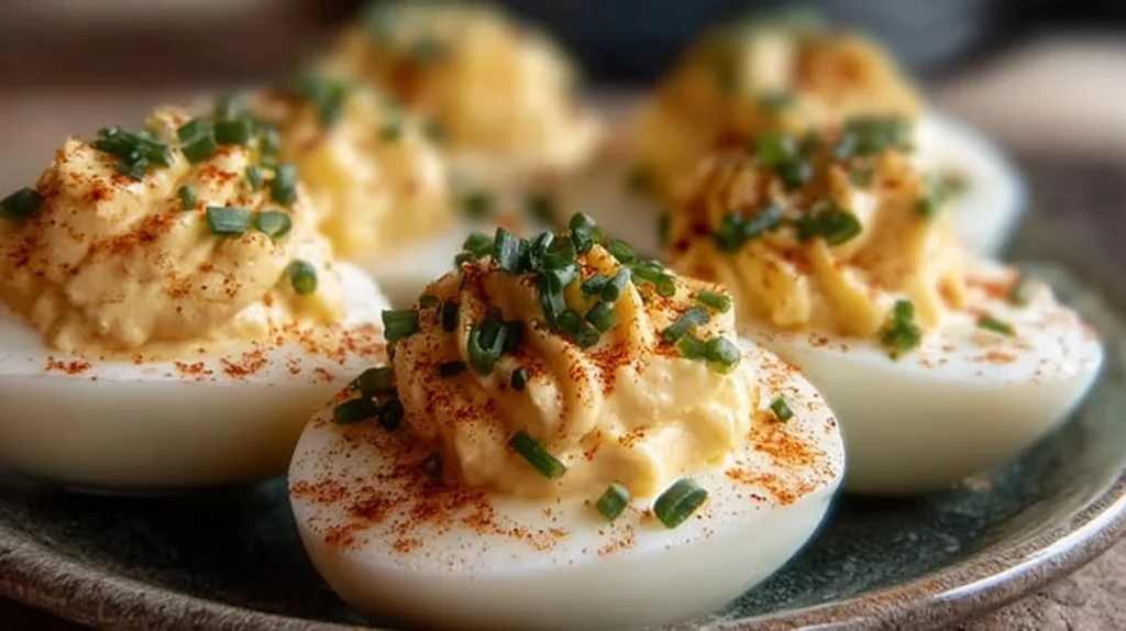 Creamy classic deviled eggs served on a plate with a garnish of paprika