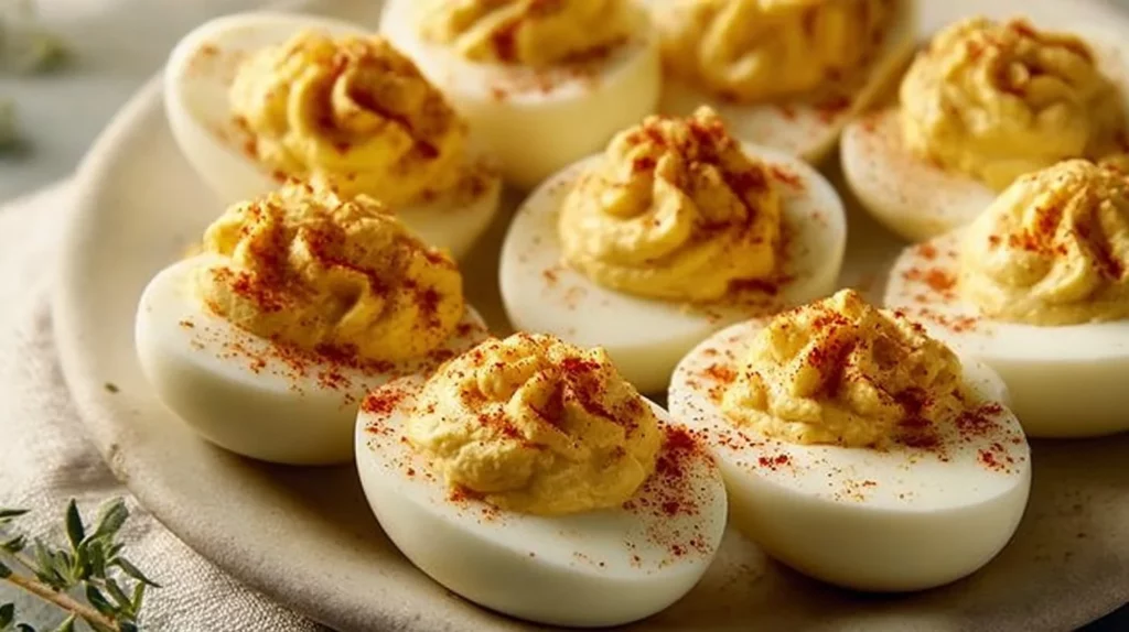 Creamy deviled eggs garnished with paprika and herbs.