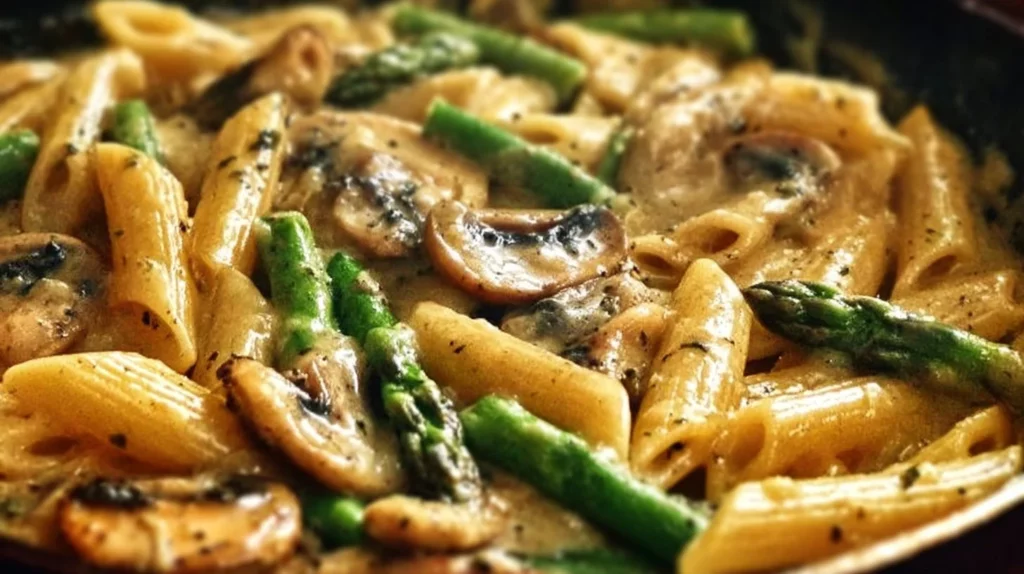 Creamy mushroom and asparagus chicken penne dish served in a bowl