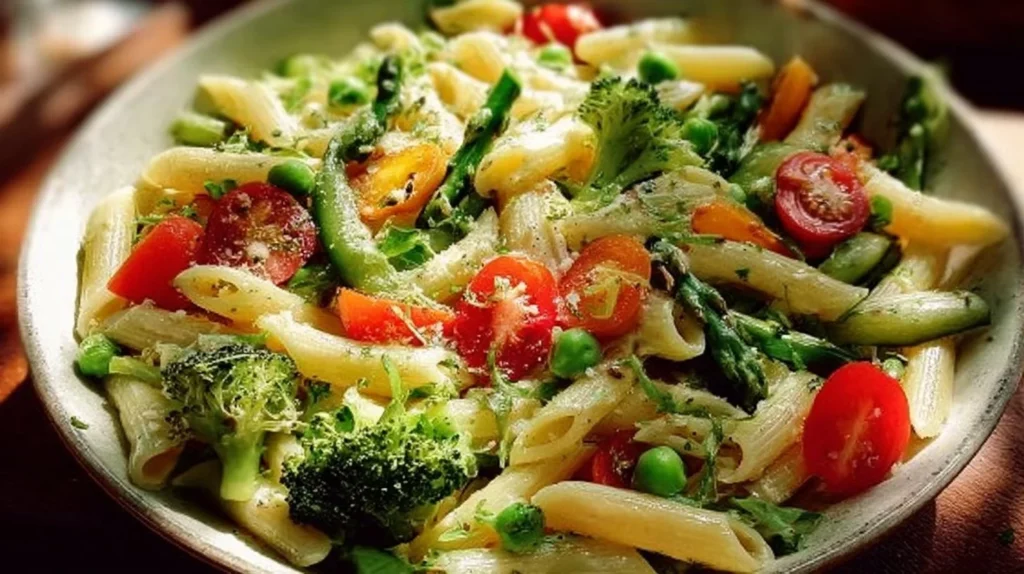 Creamy pasta primavera with fresh vegetables in a bowl