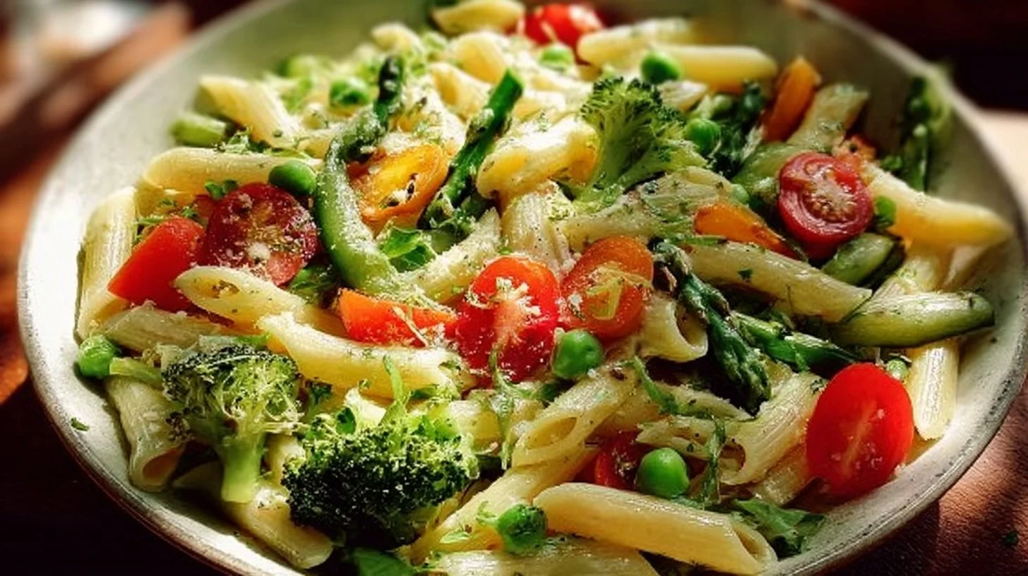 Creamy pasta primavera with fresh vegetables in a bowl