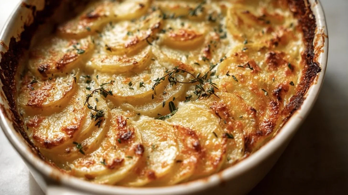 Delicious creamy scalloped potatoes baked to perfection in a dish.