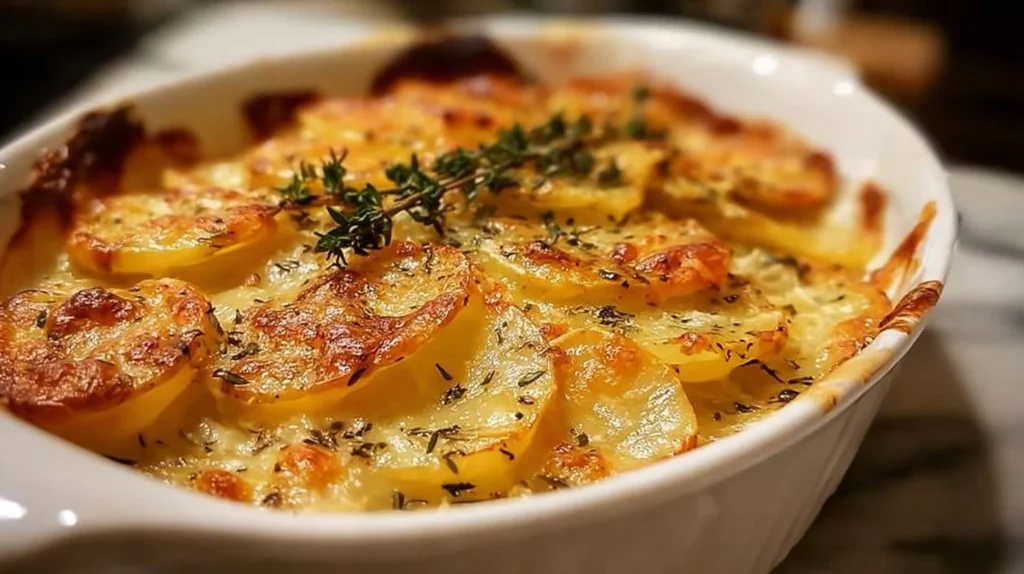Creamy scalloped potatoes baked to perfection with layers of cheese and cream