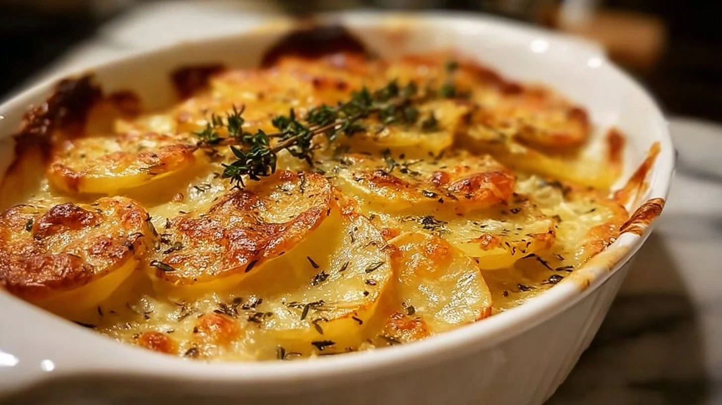Creamy scalloped potatoes baked to perfection with layers of cheese and cream