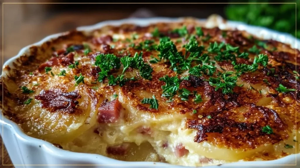 Creamy scalloped potatoes with ham baked to perfection in a casserole dish.