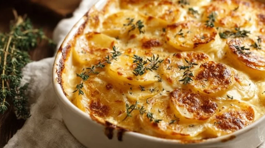 Creamy scalloped potatoes topped with Parmesan cheese, baked to perfection.
