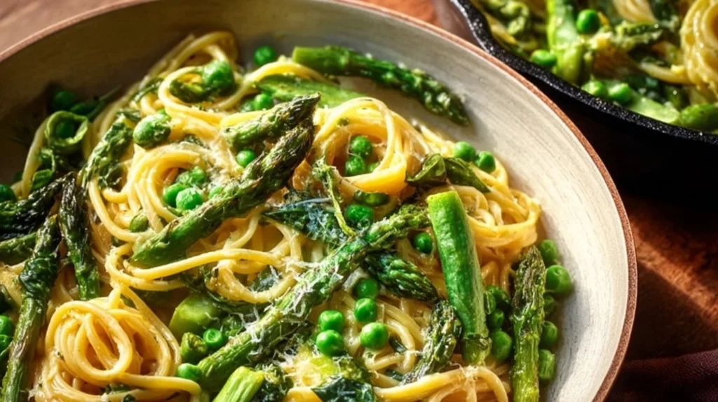 Creamy spring vegetable pasta with fresh vegetables and a rich sauce