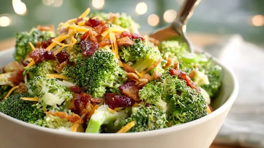 Crisp and creamy broccoli salad served in a bowl, ideal for gatherings and healthy meals.