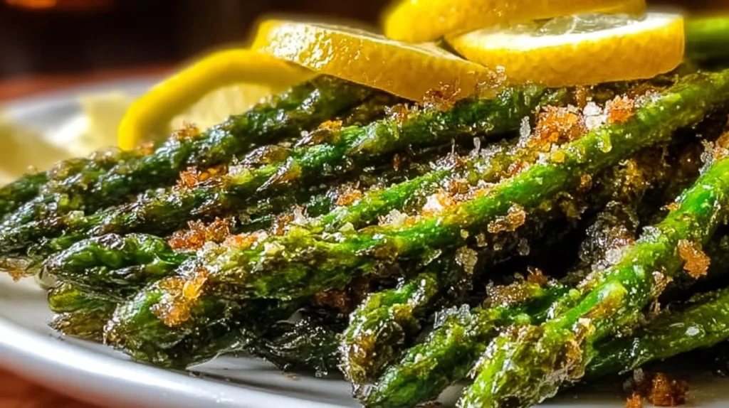 Crispy garlic parmesan roasted asparagus spears on a plate