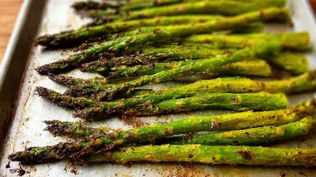 Plate of crispy roasted asparagus garnished with herbs