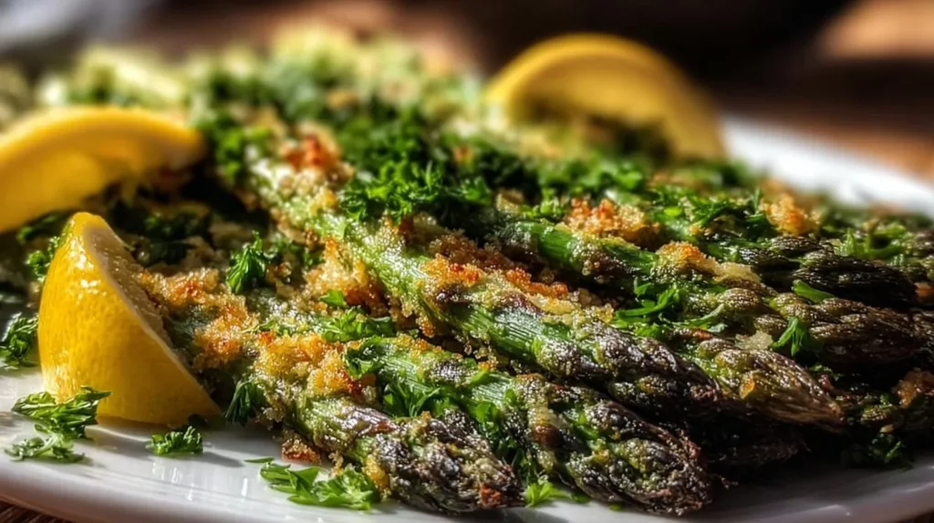 Crispy roasted asparagus with lemon and parmesan topping on a plate