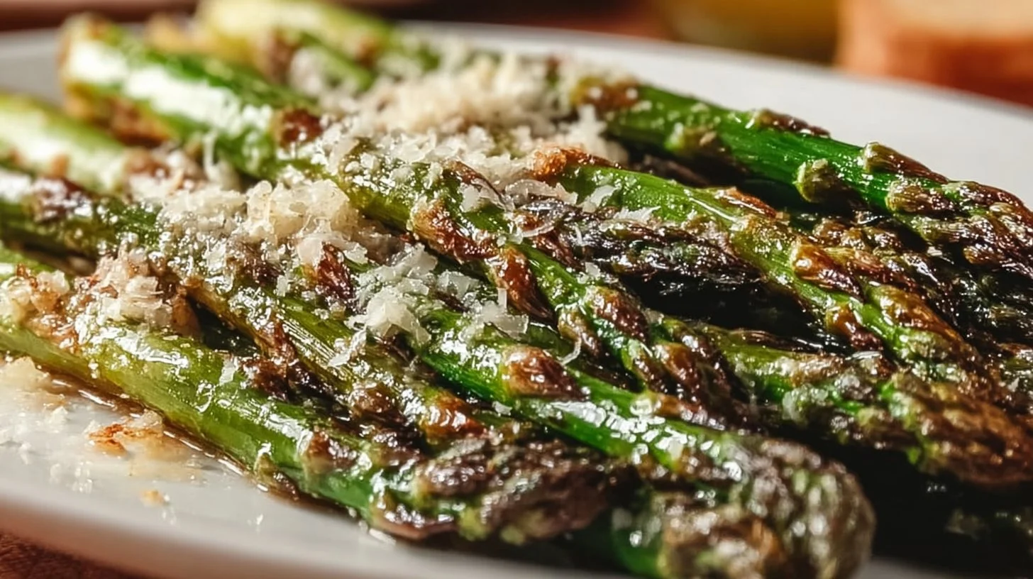 Crispy roasted spring asparagus with lemon and parmesan topping on a plate.