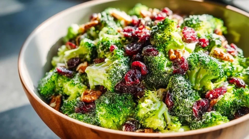 Crunchy broccoli cranberry salad with nuts and dressing in a bowl