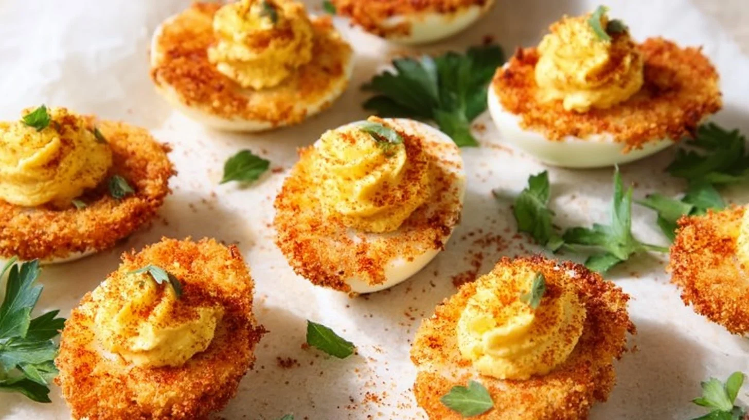 Plate of delicious deep-fried deviled eggs with a crispy exterior