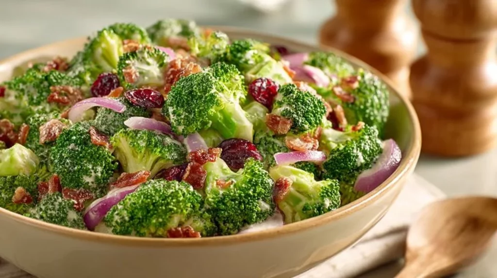Delicious broccoli salad with Kraft coleslaw dressing in a bowl