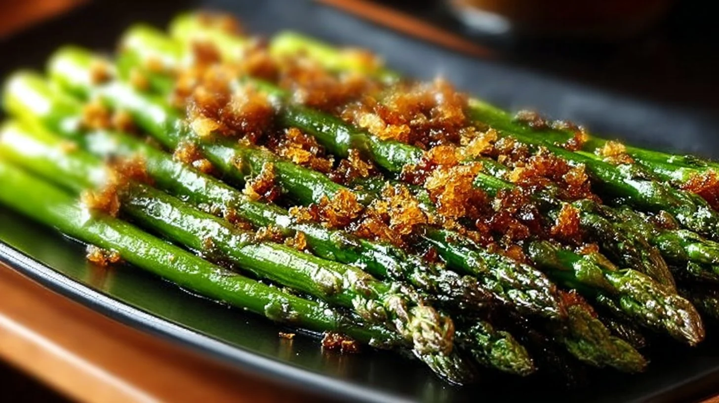 Plate of deliciously easy roasted asparagus garnished with herbs.