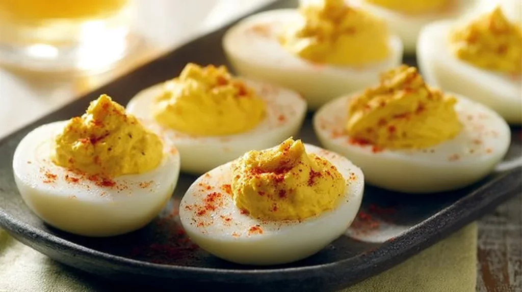Plate of creamy deviled eggs garnished with paprika and herbs