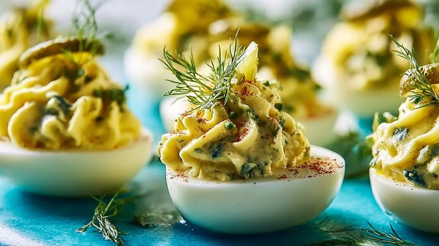 Delicious dill pickle deviled eggs served on a platter