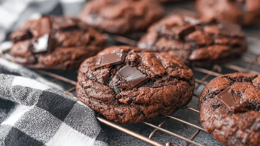 Freshly baked brownie mix cookies on a cooling rack.