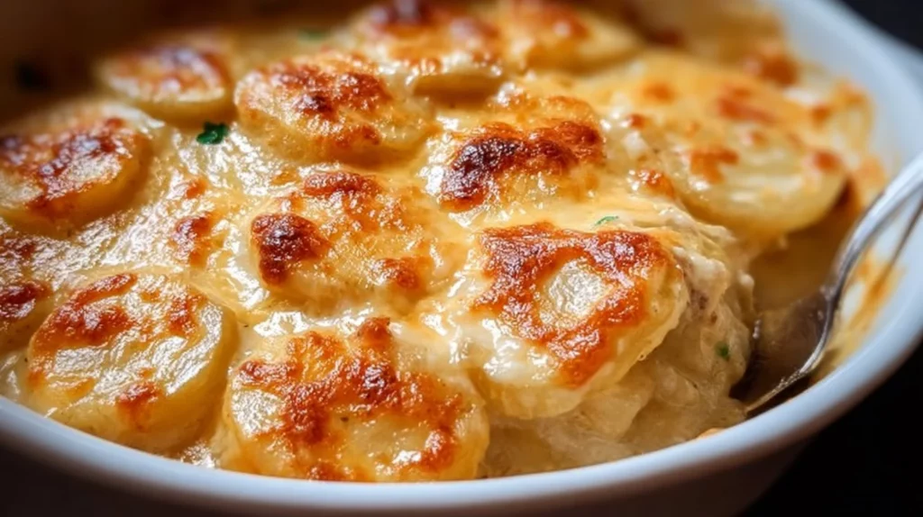 Delicious easy cheesy scalloped potatoes baked to perfection