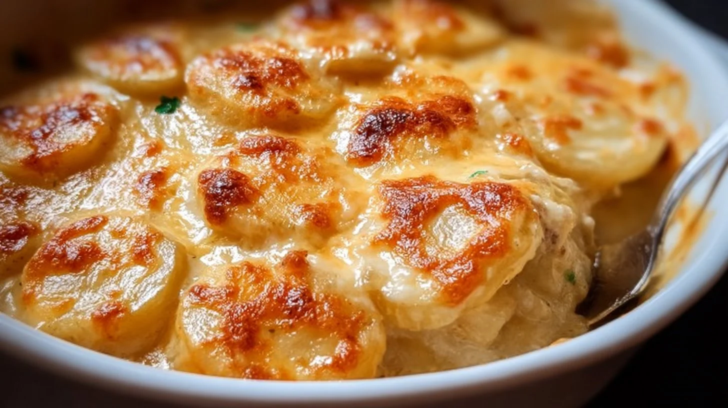 Delicious easy cheesy scalloped potatoes baked to perfection