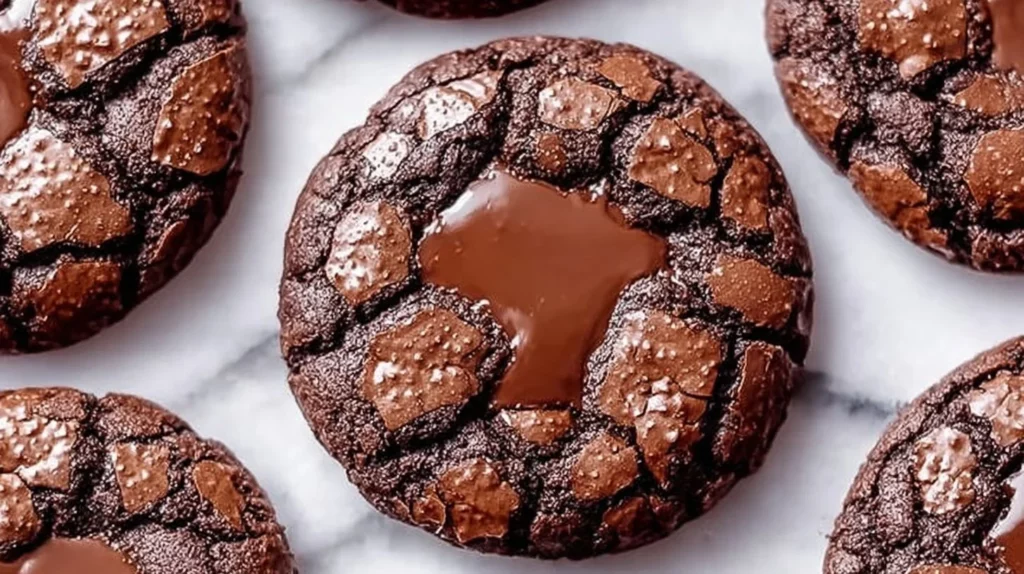 Easy chocolate brownie cookies displayed on a plate with chocolate drizzle.