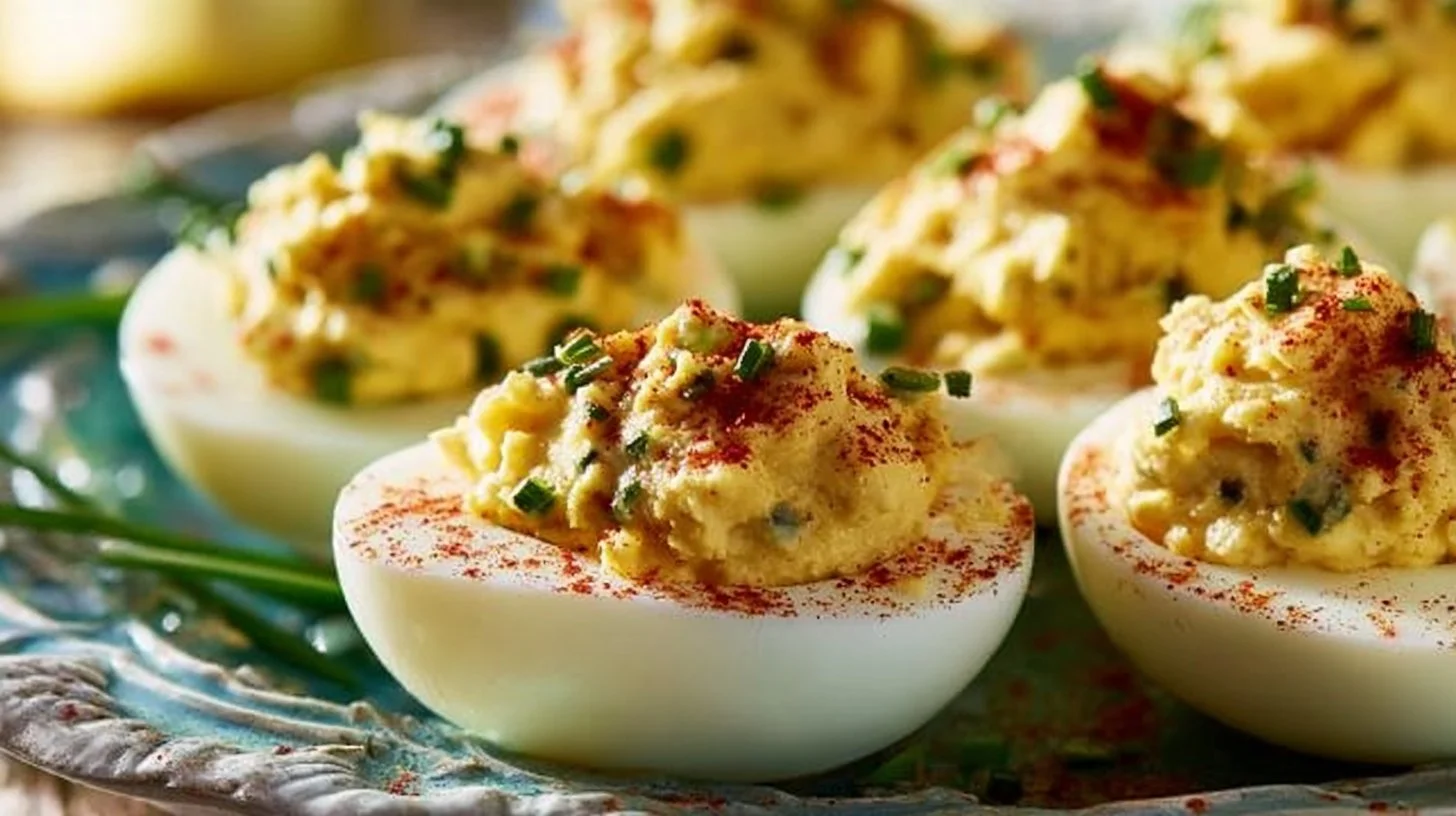 Delicious Easy Creamy Cajun Deviled Eggs garnished and ready to serve