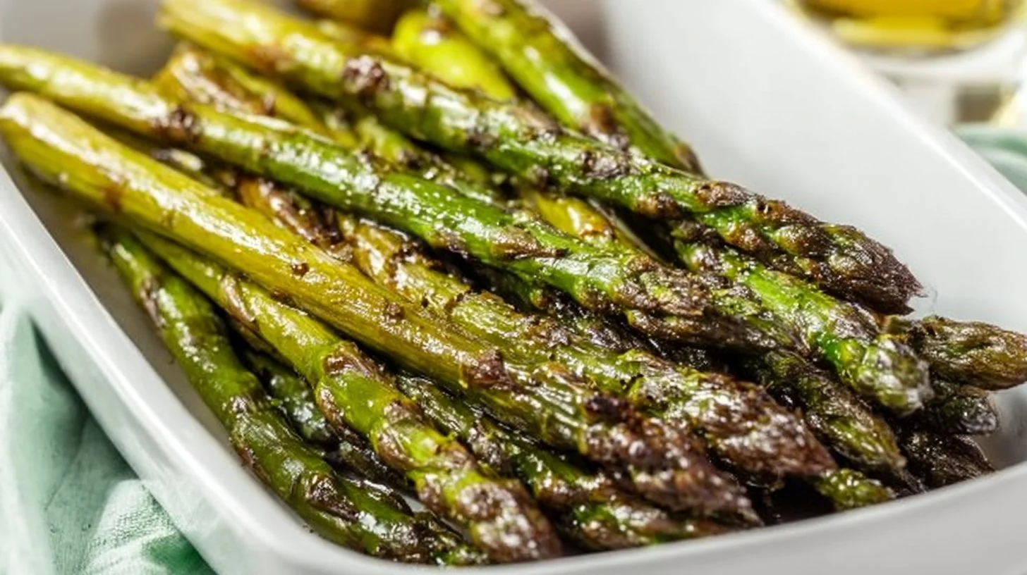 Plate of easy roasted asparagus garnished with lemon and herbs