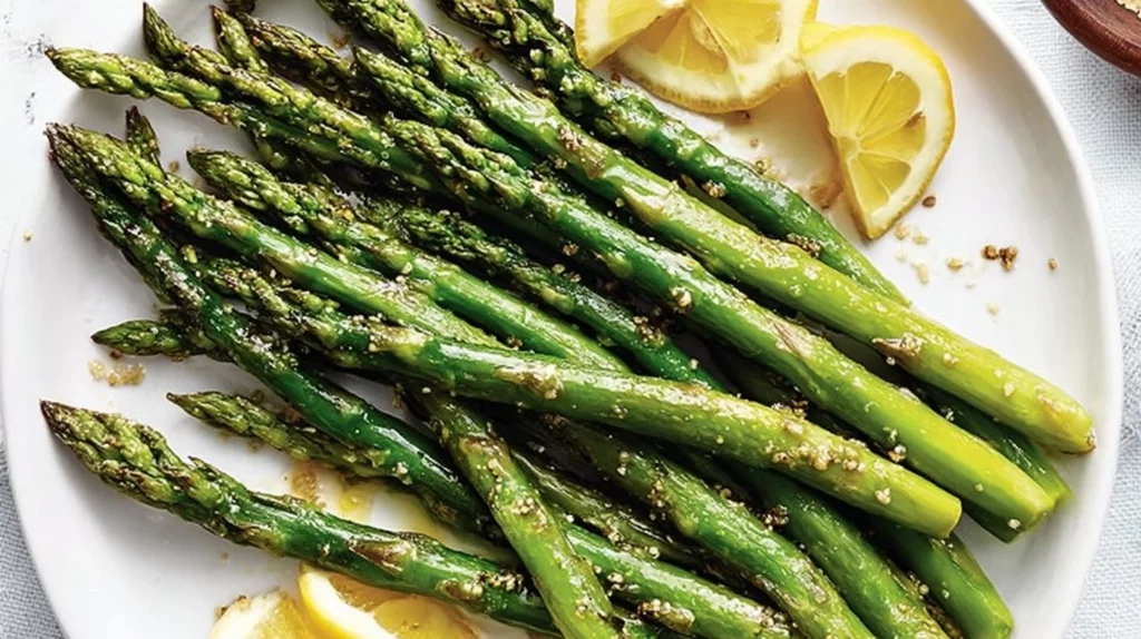 Delicious easy roasted asparagus on a plate garnished with herbs.