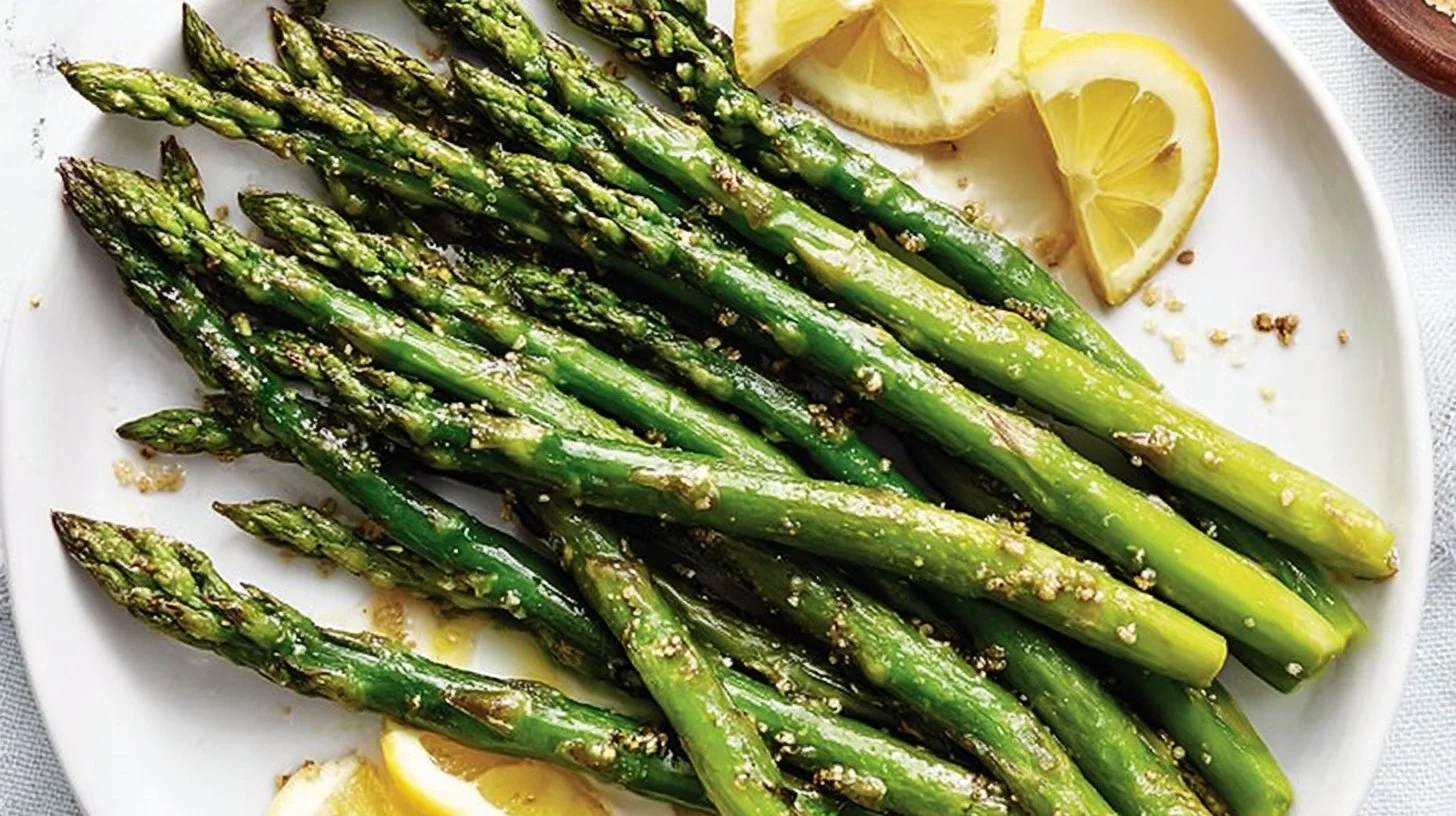 Delicious easy roasted asparagus on a plate garnished with herbs.