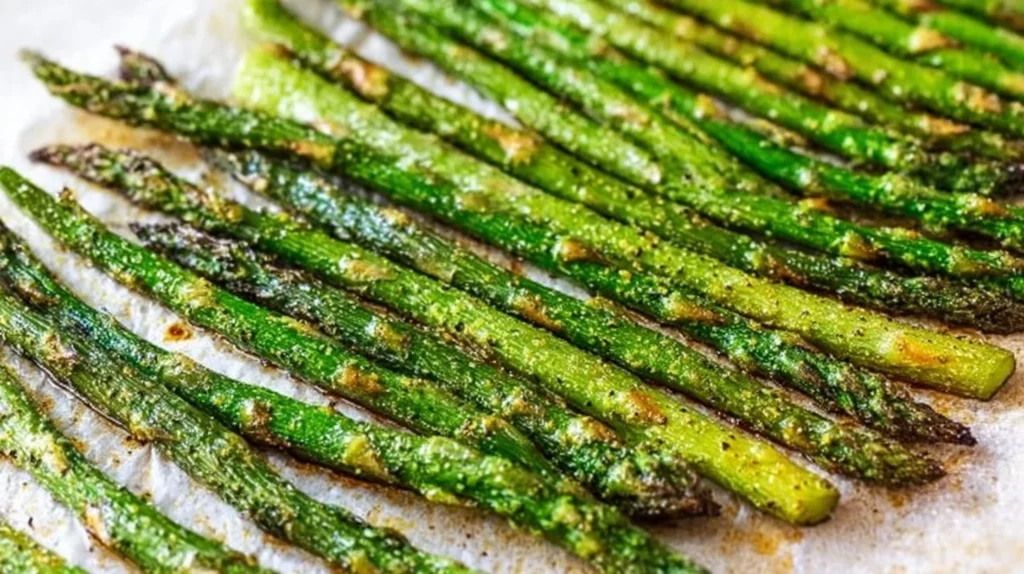 Plate of easy roasted asparagus with garlic and olive oil, ready to be served.