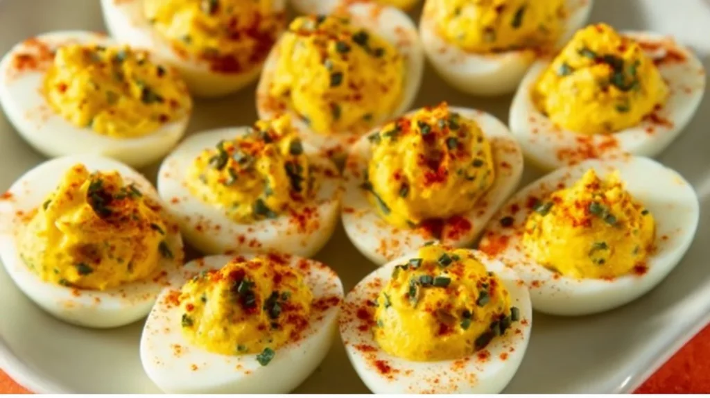 Plate of easy Southern deviled eggs garnished with paprika and chives.