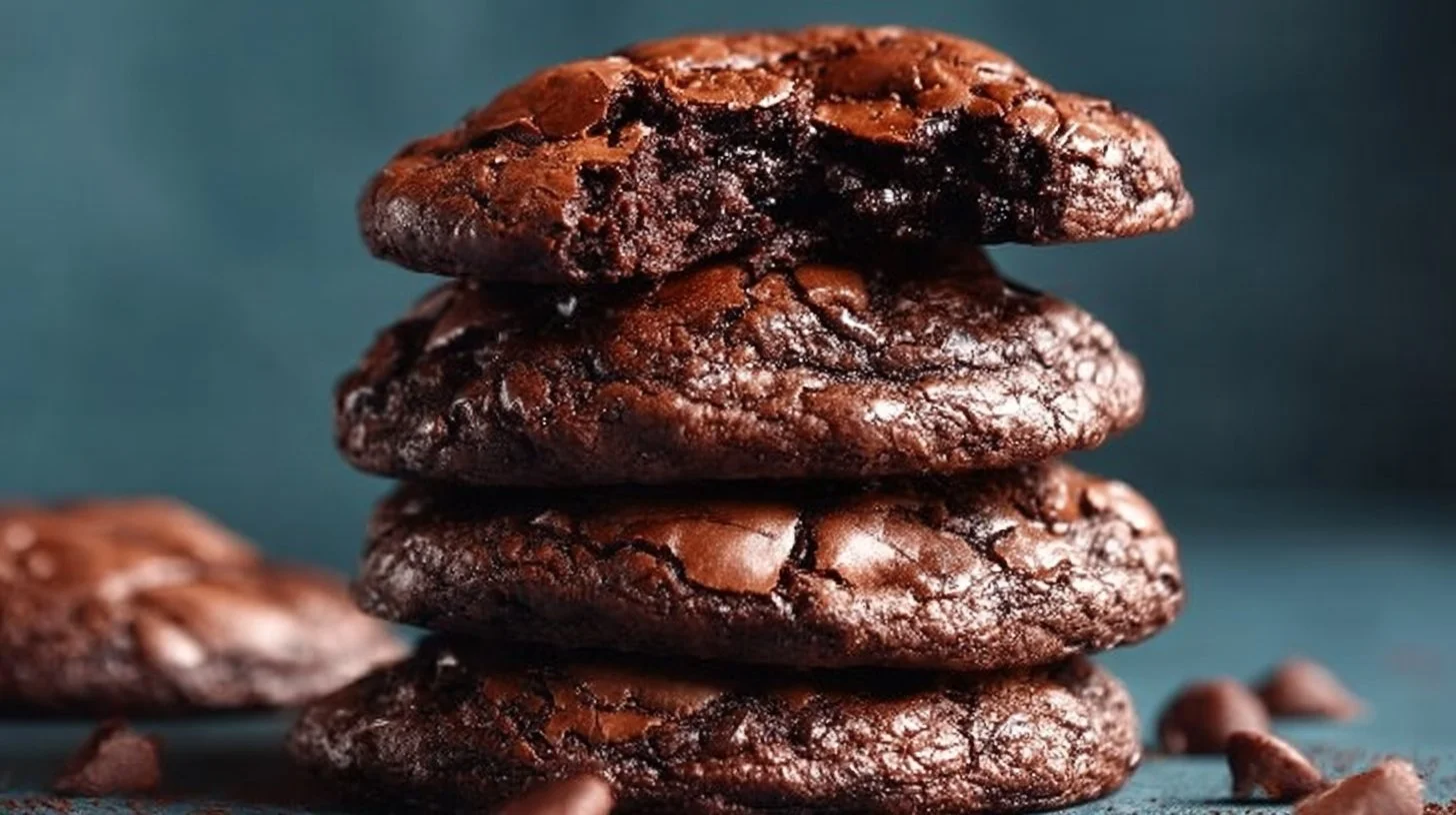 Delicious fudgy brownie cookies on a cooling rack, rich chocolatey treat.