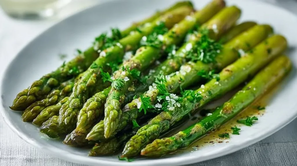 Plated Garlic Butter Roasted Asparagus garnished with herbs