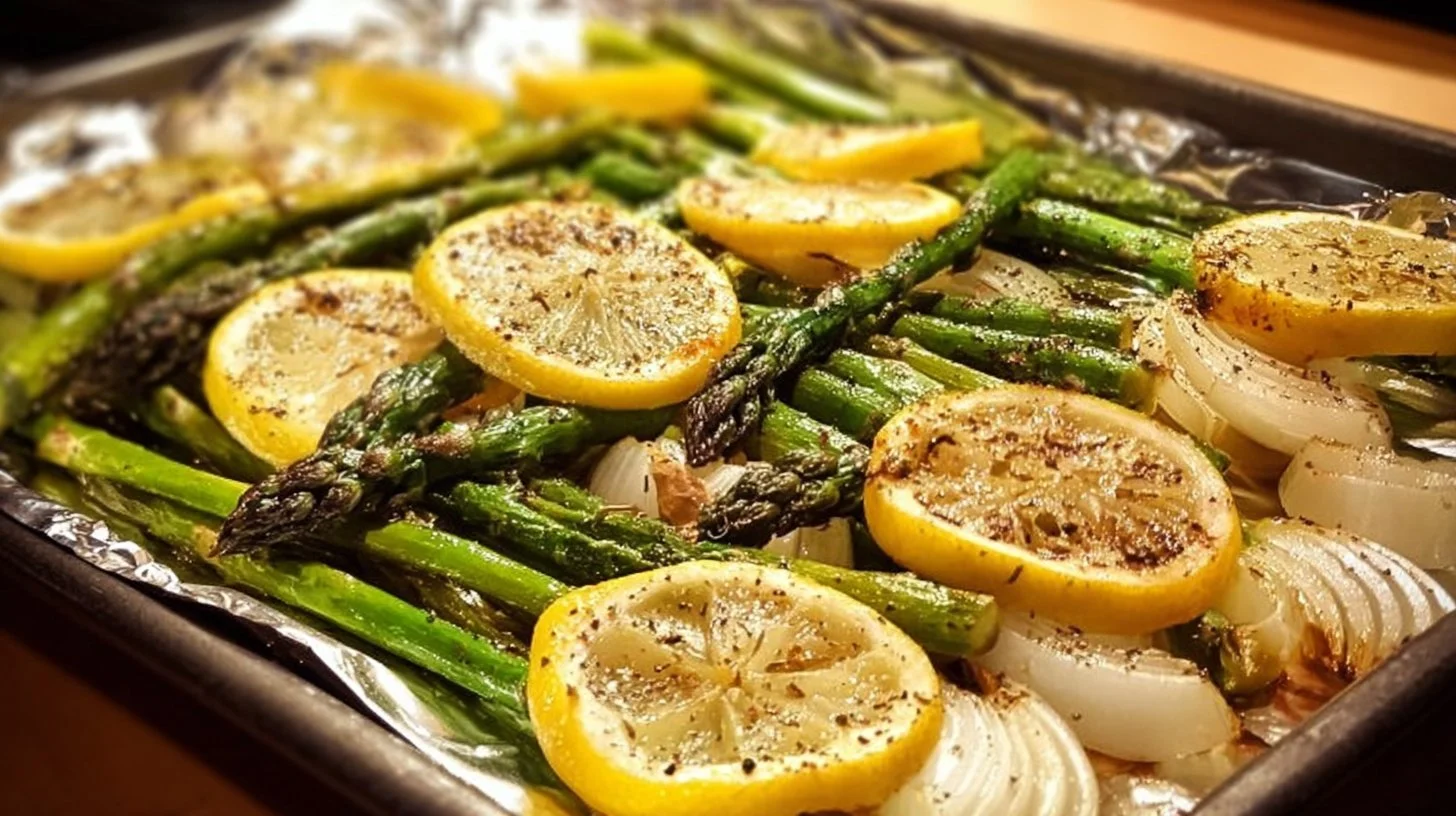 Garlic lemon asparagus roast on a plate garnished with herbs