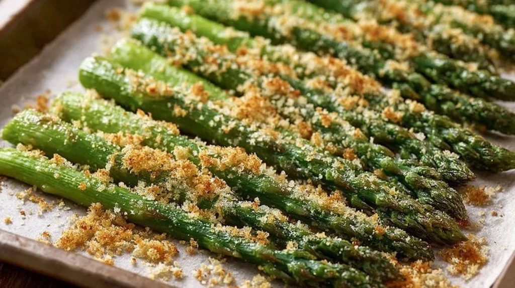 Garlic Parmesan Roasted Asparagus on a baking sheet ready to serve
