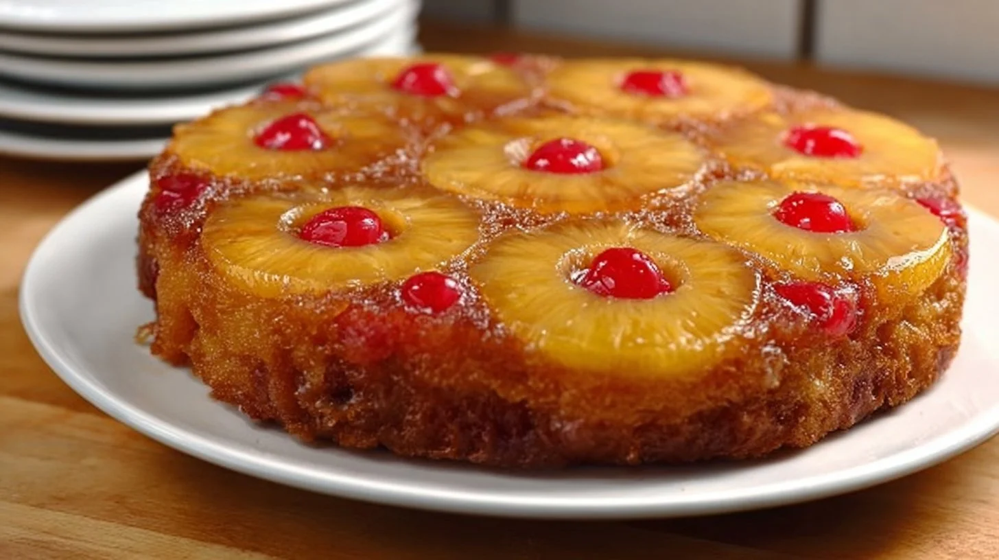 Gluten free pineapple upside-down cake with caramelized pineapple and cherries
