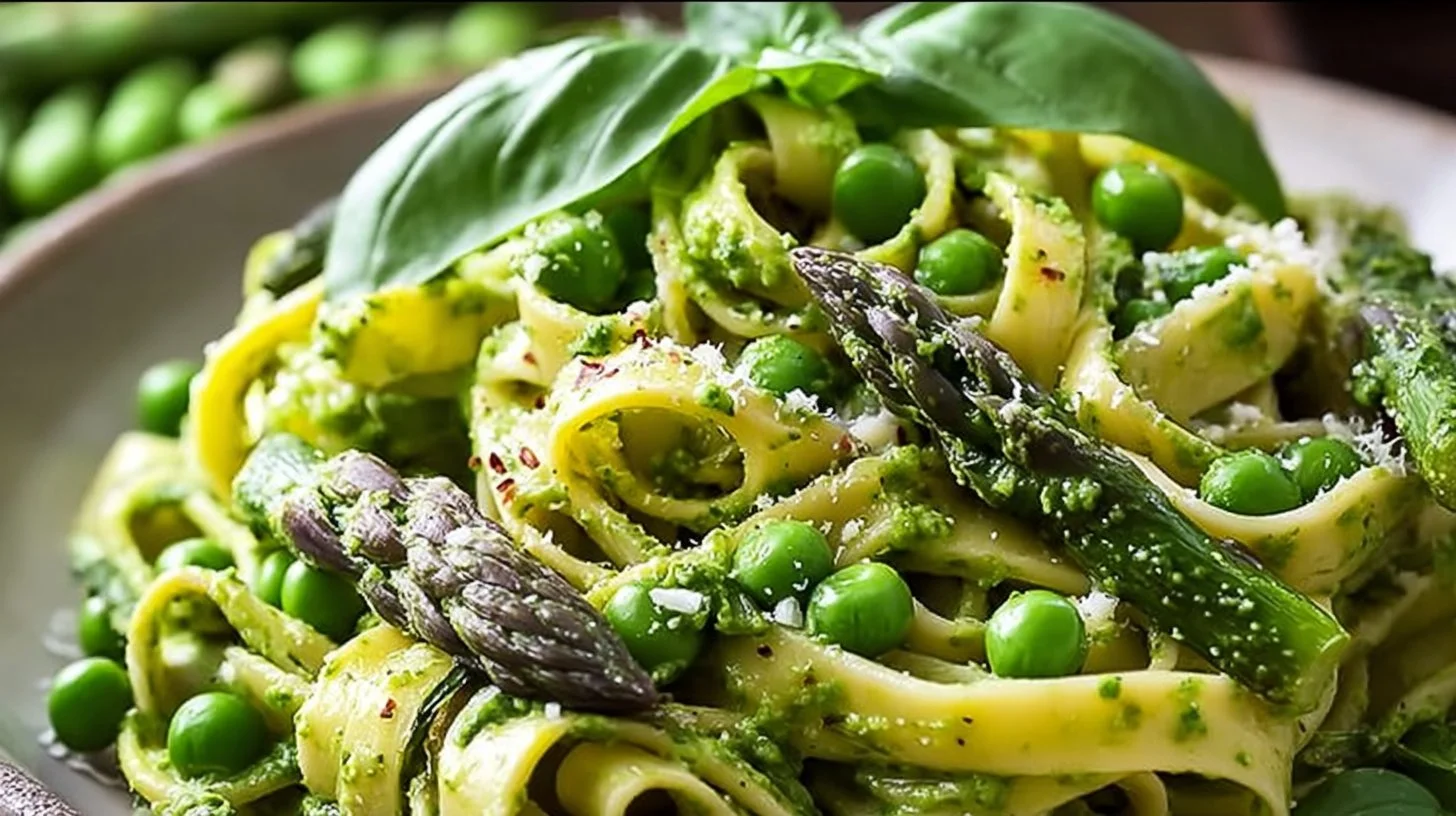 Plate of Green Goddess Fettuccine with Creamy Spinach sauce and garnishes