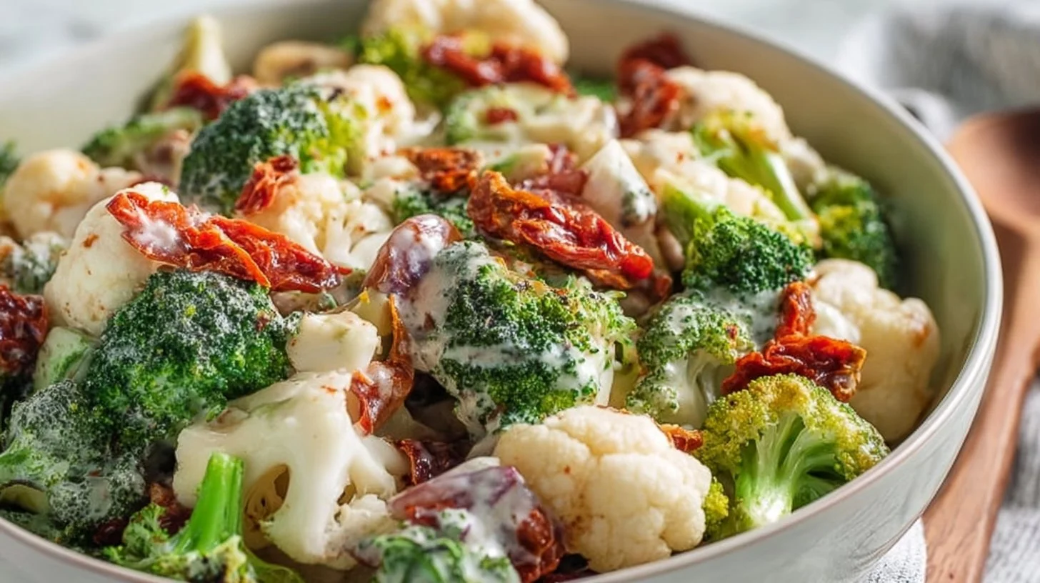 Healthy broccoli cauliflower salad with Greek yogurt dressing on a plate