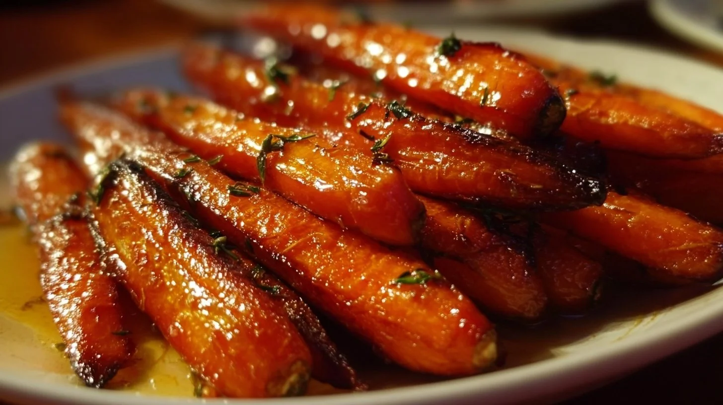Honey garlic butter roasted carrots served in a dish with herbs