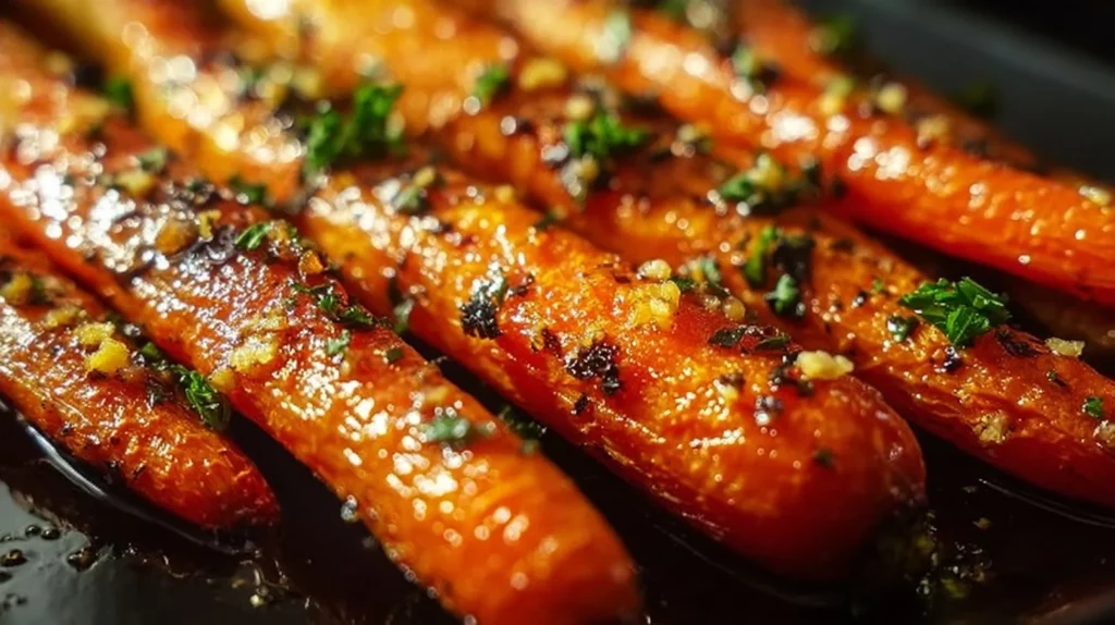 Honey Garlic Butter Roasted Carrots on a serving plate
