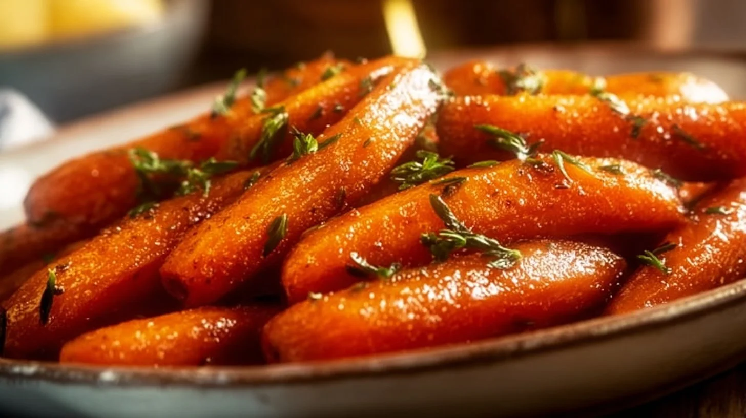 Honey glazed carrots served in a white bowl, showcasing vibrant colors and glossy finish.