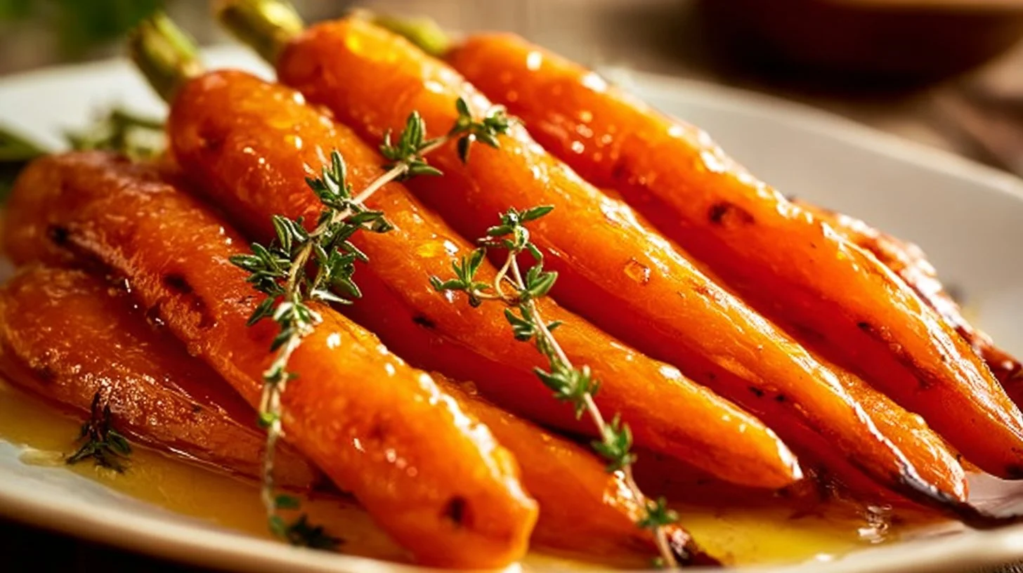 A plate of delicious honey glazed carrots, beautifully caramelized and garnished.