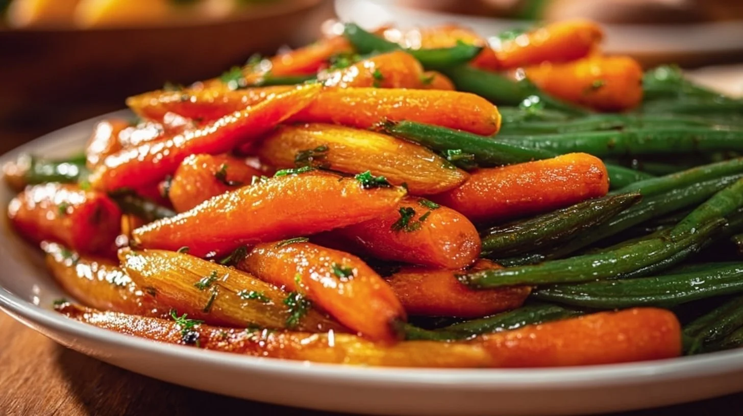 Honey glazed carrots and green beans served as a delicious side dish