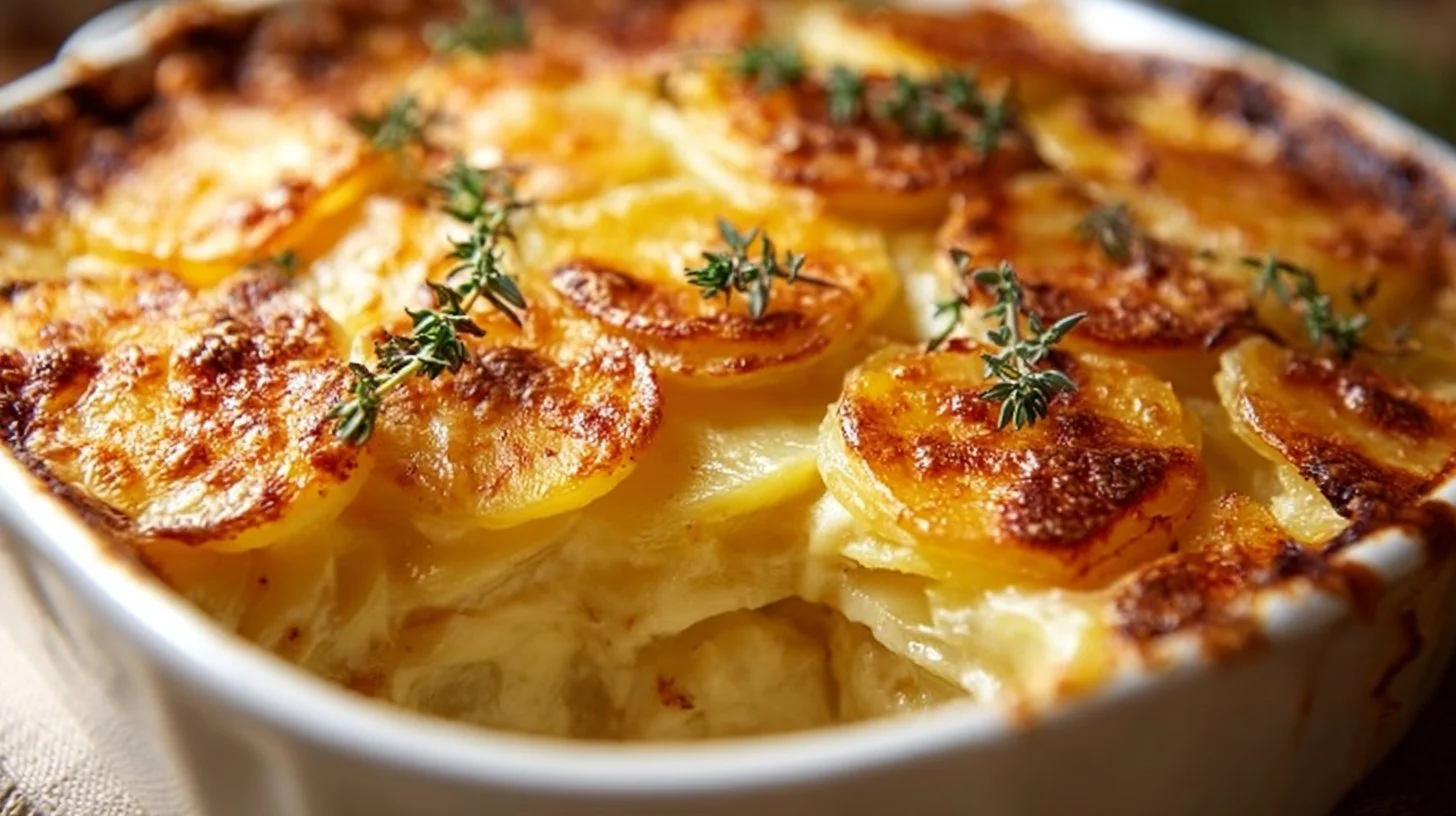 Irresistible herbed cheddar scalloped potato dish with layers of cheese and herbs